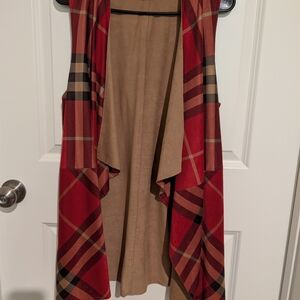 Red and Tan Plaid Open Vest